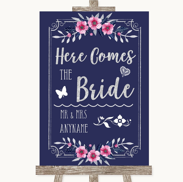 Navy Blue Pink & Silver Here Comes Bride Aisle Personalised Wedding Sign