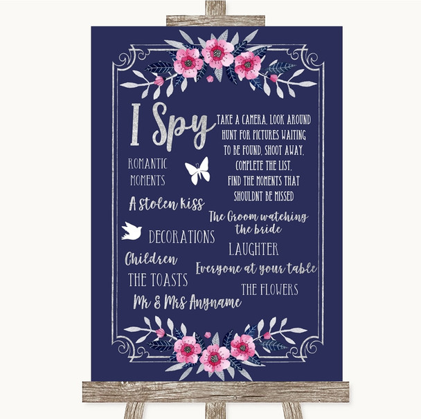 Navy Blue Pink & Silver I Spy Disposable Camera Personalised Wedding Sign
