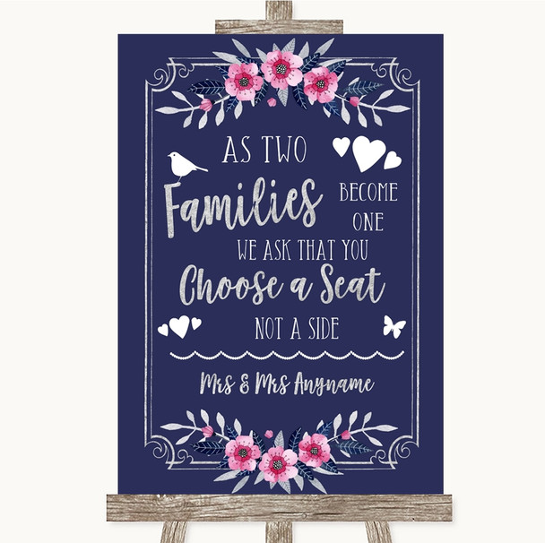 Navy Blue Pink & Silver As Families Become One Seating Plan Wedding Sign