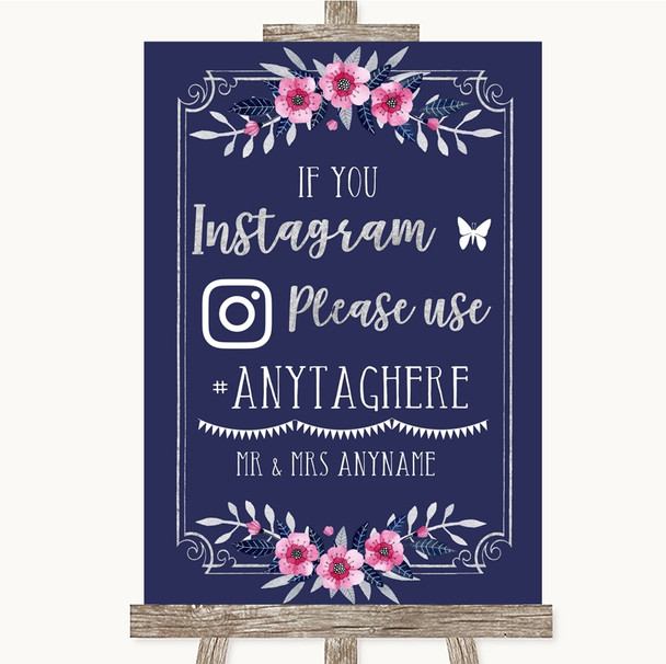 Navy Blue Pink & Silver Instagram Hashtag Personalised Wedding Sign