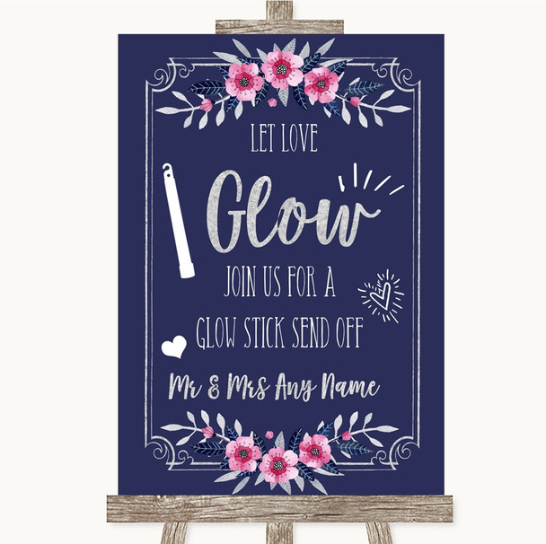 Navy Blue Pink & Silver Let Love Glow Glowstick Personalised Wedding Sign