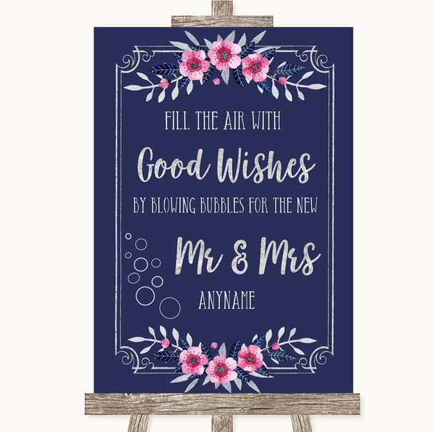 Navy Blue Pink and Silver Blow Bubbles Personalised Wedding Sign