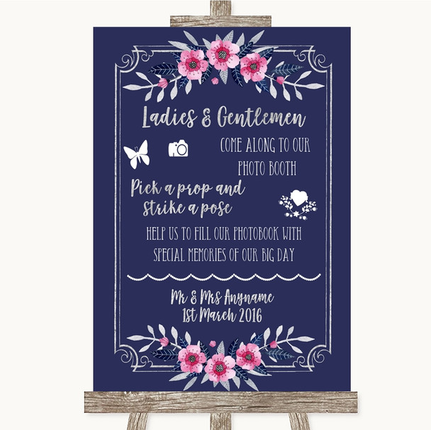 Navy Blue Pink & Silver Pick A Prop Photobooth Personalised Wedding Sign