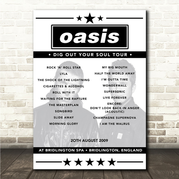 Oasis - Concert Setlist Poster Print Canvas - Bridlington Spa, Bridlington, England - August 20th 2009