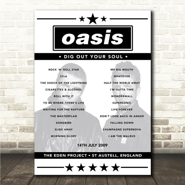 Oasis - Concert Setlist Poster Print Canvas - The Eden Project, St Austell, England - July 14th 2009