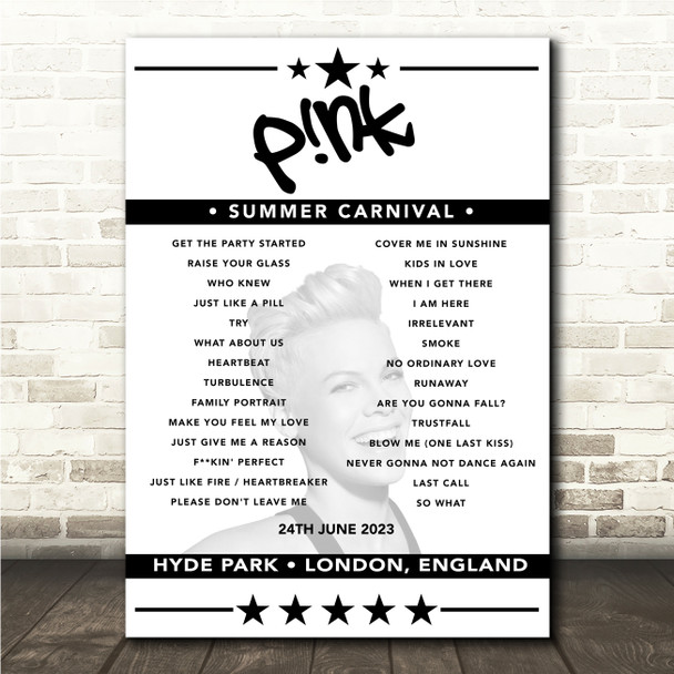 P!nk - Concert Setlist Poster Print Canvas - Hyde Park, London, England - June 24th 2023