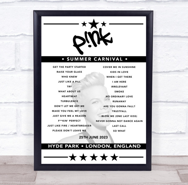 P!nk - Concert Setlist Poster Print Canvas - Hyde Park, London, England - June 25th 2023