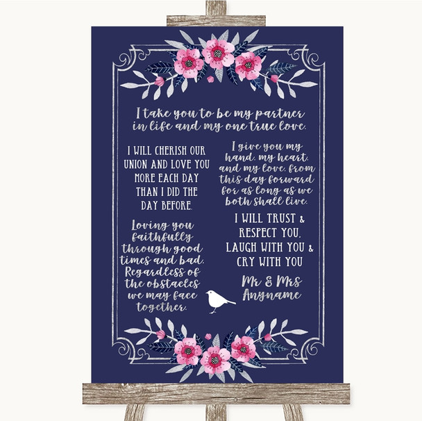Navy Blue Pink & Silver Romantic Vows Personalised Wedding Sign