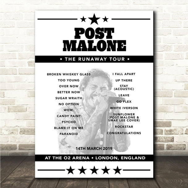 Post Malone - Concert Setlist Poster Print Canvas - The O2 Arena, London, England - March 14th 2019