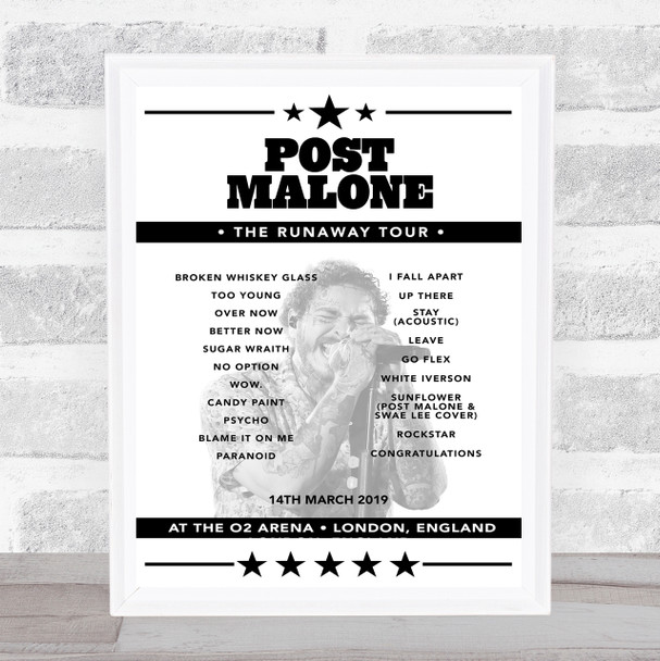Post Malone - Concert Setlist Poster Print Canvas - The O2 Arena, London, England - March 14th 2019