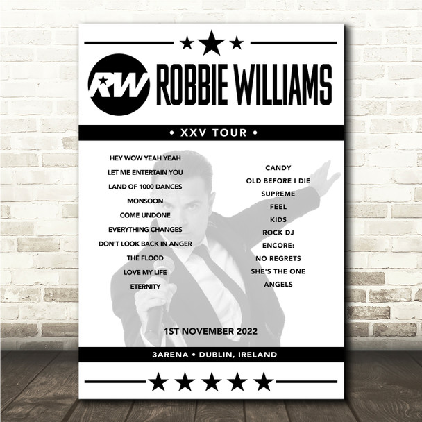 Robbie Williams - Concert Setlist Poster Print Canvas - 3Arena, Dublin, Ireland - 1st November 2022
