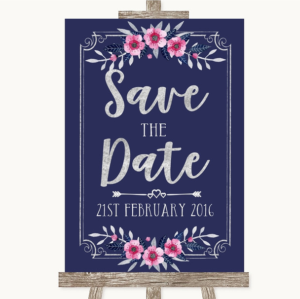 Navy Blue Pink and Silver Save The Date Personalised Wedding Sign