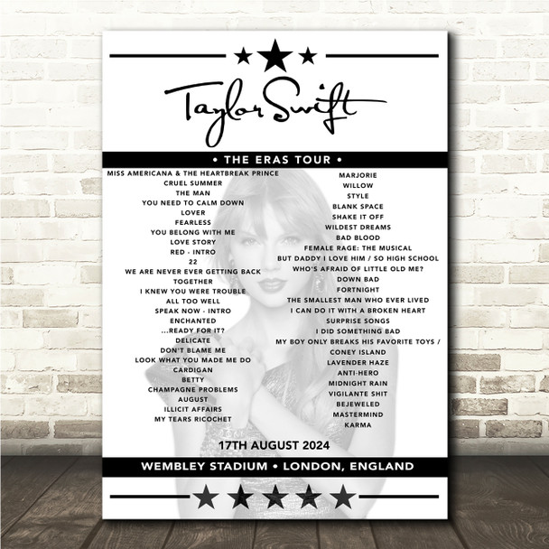 Taylor Swift - Concert Setlist Poster Print Canvas - Wembley Stadium, London, England - August 17th 2024