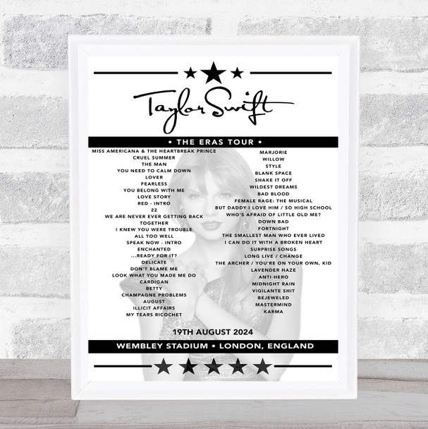 Taylor Swift - Concert Setlist Poster Print Canvas - Wembley Stadium, London, England - August 19th 2024
