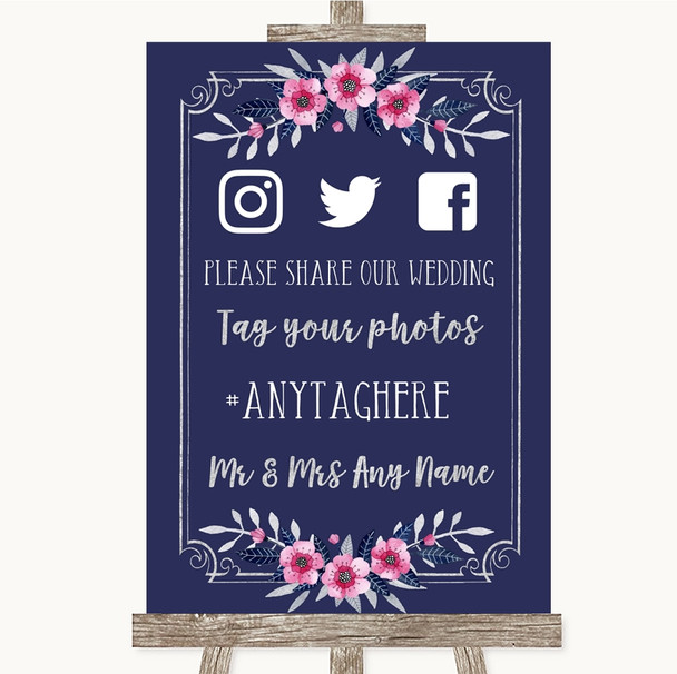 Navy Blue Pink & Silver Social Media Hashtag Photos Personalised Wedding Sign