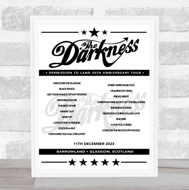 The Darkness - Concert Setlist Poster Print Canvas - Barrowland, Glasgow, Scotland - 11th December 2023