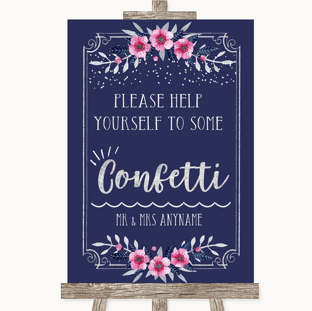 Navy Blue Pink & Silver Take Some Confetti Personalised Wedding Sign