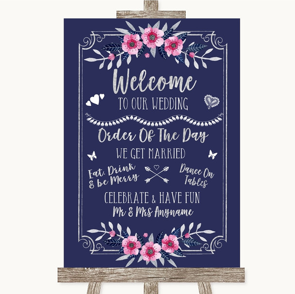 Navy Blue Pink and Silver Welcome Order Of The Day Personalised Wedding Sign