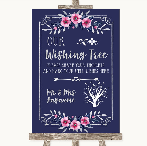 Navy Blue Pink & Silver Wishing Tree Personalised Wedding Sign