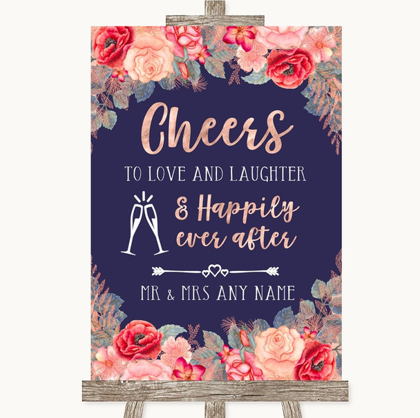 Navy Blue Blush Rose Gold Cheers To Love Personalised Wedding Sign