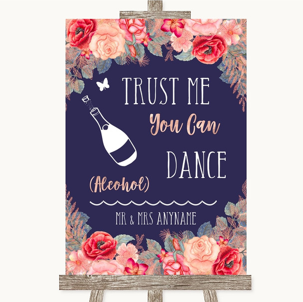 Navy Blue Blush Rose Gold Alcohol Says You Can Dance Personalised Wedding Sign