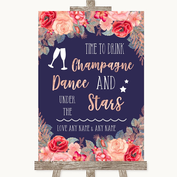 Navy Blue Blush Rose Gold Drink Champagne Dance Stars Personalised Wedding Sign