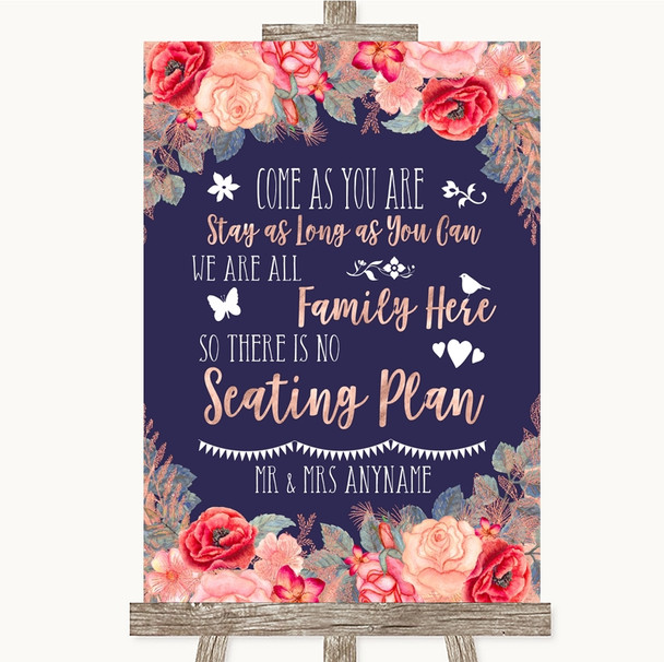 Navy Blue Blush Rose Gold All Family No Seating Plan Personalised Wedding Sign