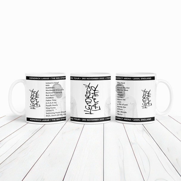 Kendrick Lamar Concert Setlist Gig Mug - First Direct Arena, Leeds, England - 3rd November 2022 Kendrick Lamar Concert Setlist Gig Mug - First Direct Arena, Leeds, England - 3rd November 2022