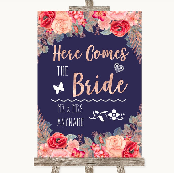 Navy Blue Blush Rose Gold Here Comes Bride Aisle Personalised Wedding Sign