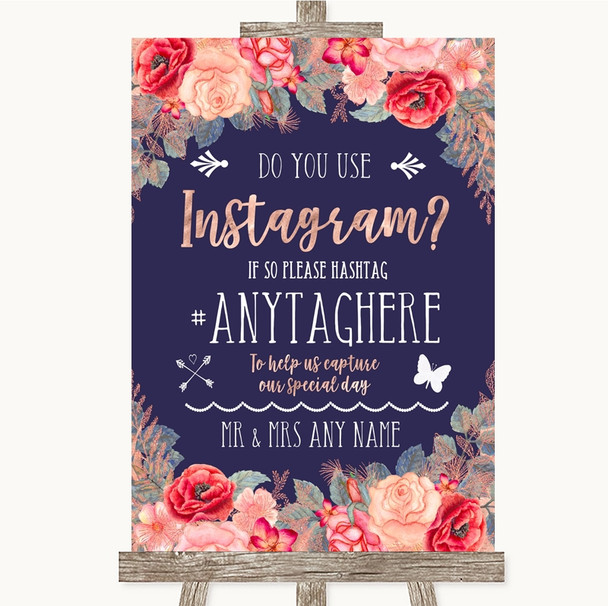 Navy Blue Blush Rose Gold Instagram Photo Sharing Personalised Wedding Sign