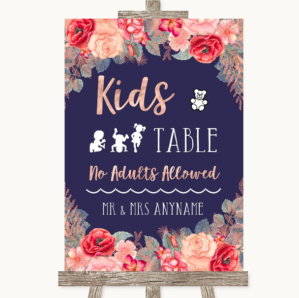 Navy Blue Blush Rose Gold Kids Table Personalised Wedding Sign