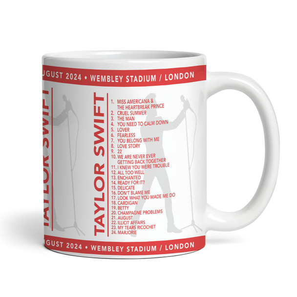 Red Male Taylor Swift Concert Setlist Gig Mug - Wembley Stadium, London, England, 20th Aug 2024