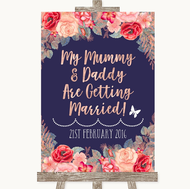 Navy Blue Blush Rose Gold Mummy Daddy Getting Married Personalised Wedding Sign