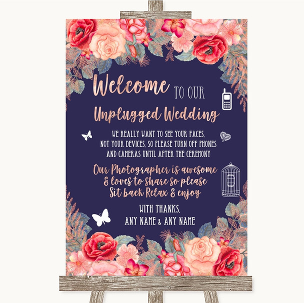 Navy Blue Blush Rose Gold No Phone Camera Unplugged Personalised Wedding Sign