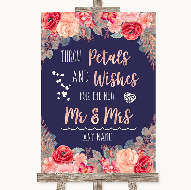 Navy Blue Blush Rose Gold Petals Wishes Confetti Personalised Wedding Sign