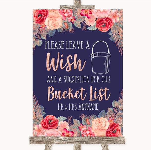 Navy Blue Blush Rose Gold Bucket List Personalised Wedding Sign