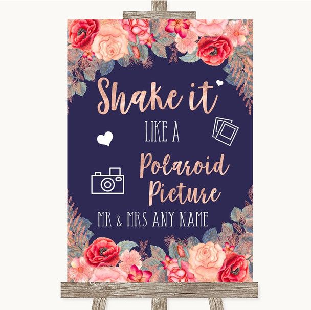 Navy Blue Blush Rose Gold Polaroid Picture Personalised Wedding Sign