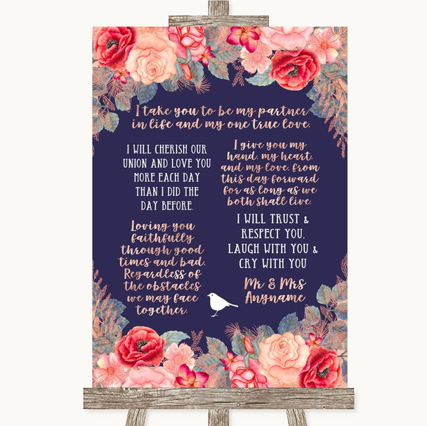 Navy Blue Blush Rose Gold Romantic Vows Personalised Wedding Sign