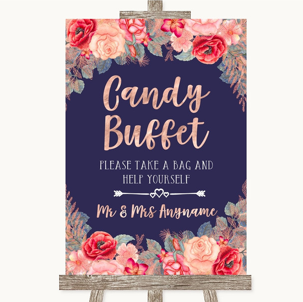 Navy Blue Blush Rose Gold Candy Buffet Personalised Wedding Sign
