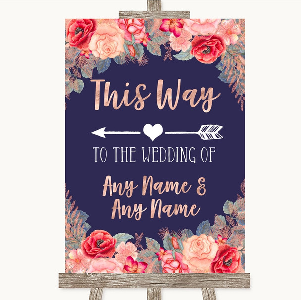 Navy Blue Blush Rose Gold This Way Arrow Left Personalised Wedding Sign