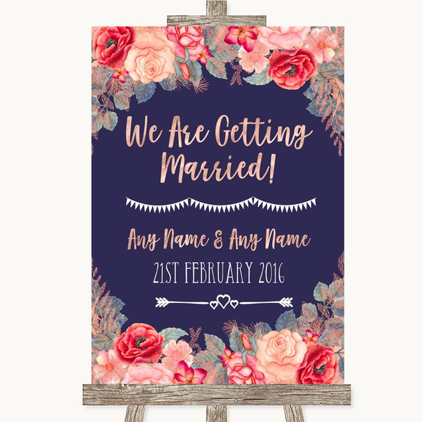 Navy Blue Blush Rose Gold We Are Getting Married Personalised Wedding Sign