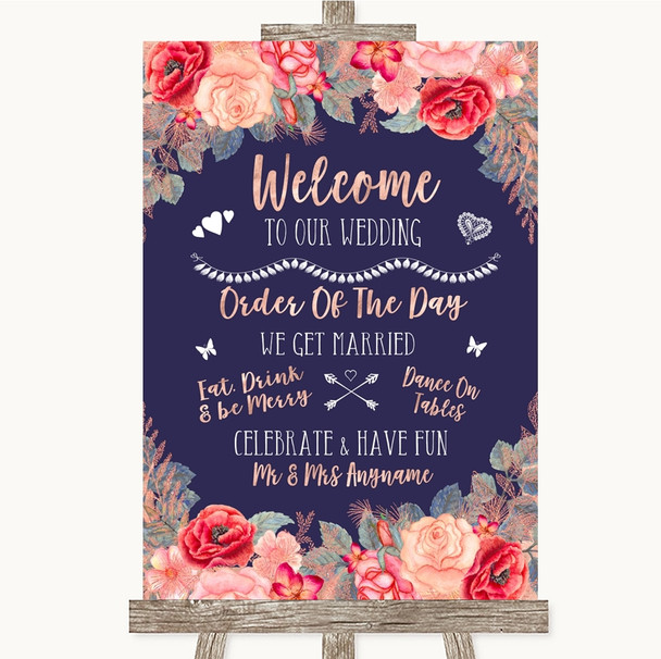 Navy Blue Blush Rose Gold Welcome Order Of The Day Personalised Wedding Sign