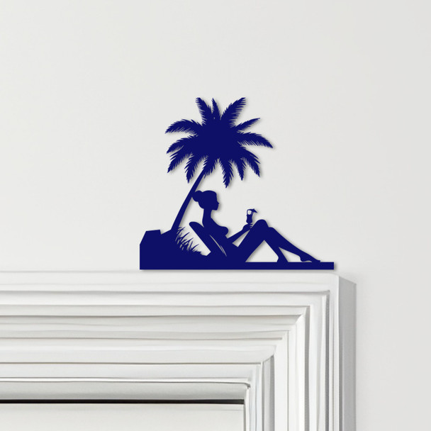 Door Topper Woman Relaxing Palm Tree Beach Cocktail Various Colours Decor Sign