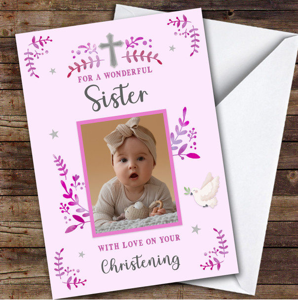 Personalised Christening Day Card For Sister Photo Dove Pink