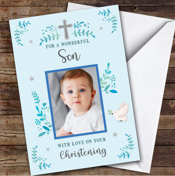 Personalised Christening Day Card For Son Photo Dove Blue Personalised Christening Day Card For Son Photo Dove Blue