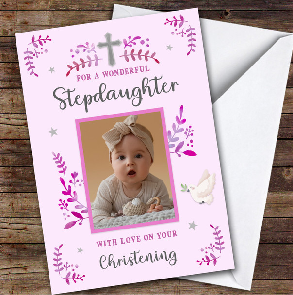 Personalised Christening Day Card For Stepdaughter Photo Dove Pink