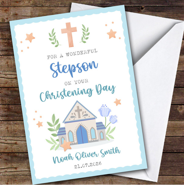 Personalised Christening Day Card For Stepson Church Blue