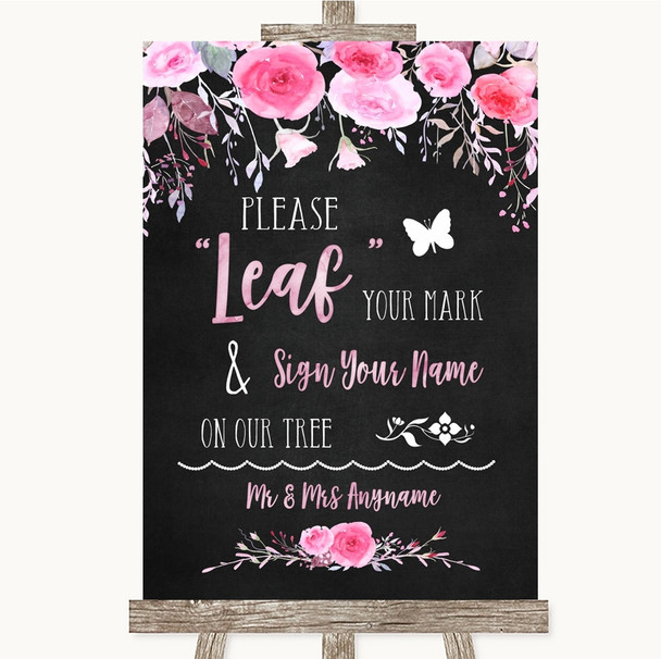 Chalk Style Watercolour Pink Floral Fingerprint Tree Instructions Wedding Sign