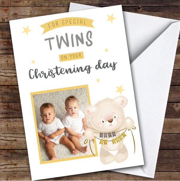 Personalised Christening Day Card For Twins Photo Bear Yellow