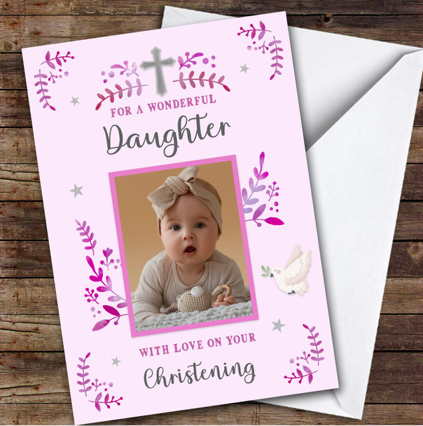 Personalised Christening Day Card For Daughter Photo Dove Pink